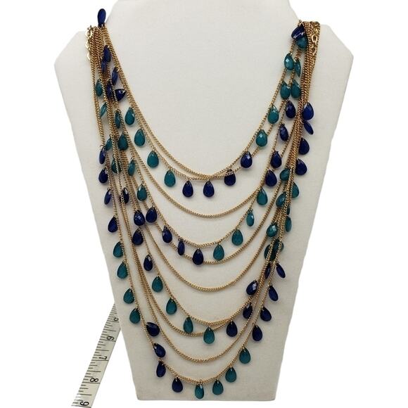 Multilayered Gold Toned Chain with Blue Glass Charms Necklace Adjustable - Picture 1 of 6